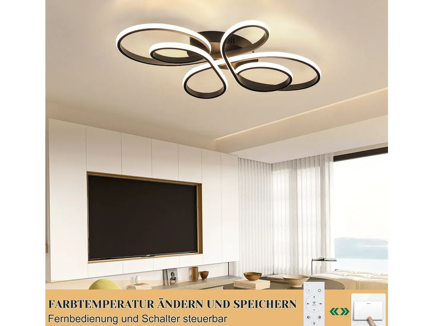 NETTLIFE Lámpara de Techo LED Negra Regulable 80 cm Salón 78W Dormitorio Moderna con Mando a Distancia Diseño Ideal para Comedor Oficina Cocina