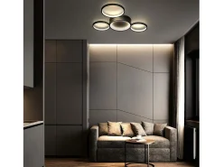 NETTLIFE Lámpara de Techo LED Negra Regulable con Mando a Distancia Diseño Moderno 4 Anillos 52W Interior Aluminio Comedor Dormitorio Infantil