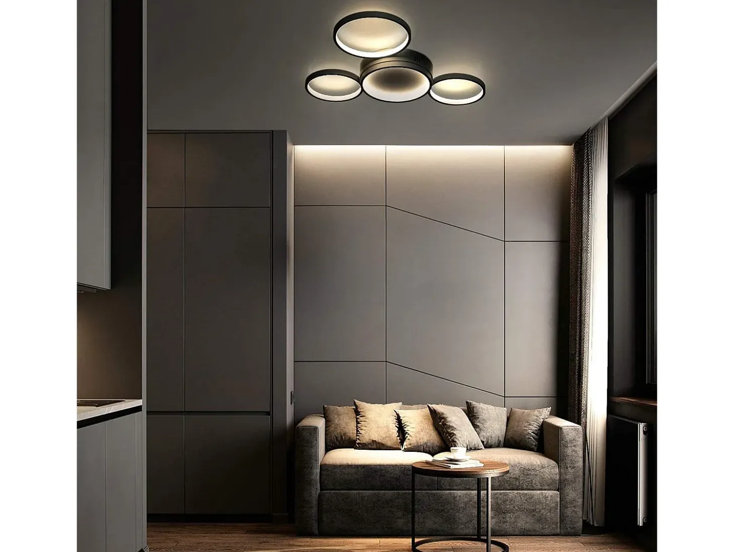 NETTLIFE Lámpara de Techo LED Negra Regulable con Mando a Distancia Diseño Moderno 4 Anillos 52W Interior Aluminio Comedor Dormitorio Infantil