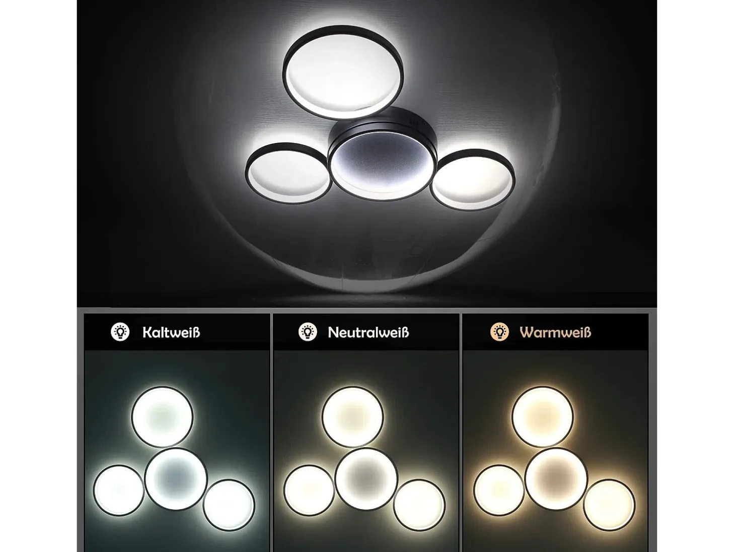 NETTLIFE Lámpara de Techo LED Negra Regulable con Mando a Distancia Diseño Moderno 4 Anillos 52W Interior Aluminio Comedor Dormitorio Infantil