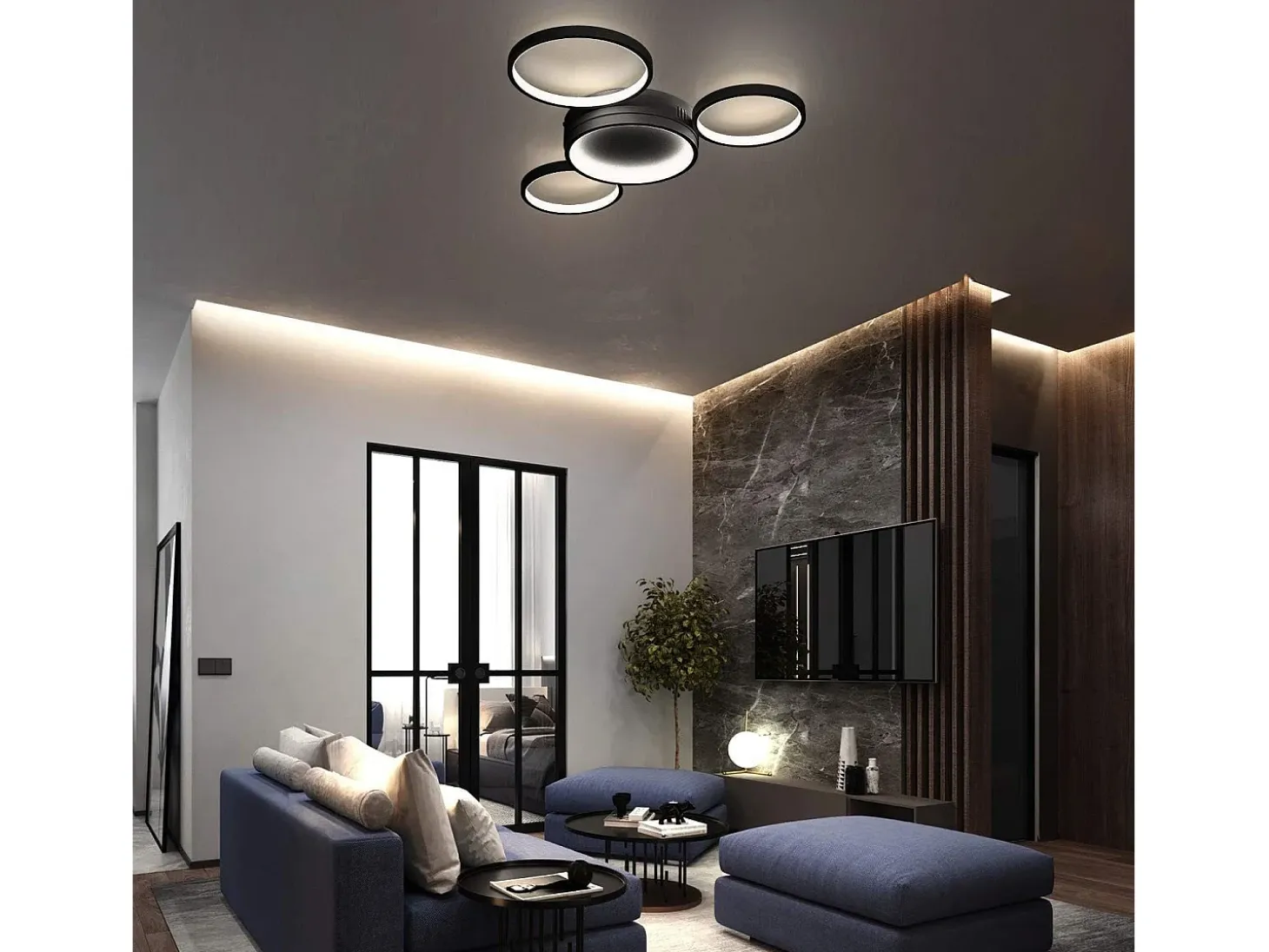 NETTLIFE Lámpara de Techo LED Negra Regulable con Mando a Distancia Diseño Moderno 4 Anillos 52W Interior Aluminio Comedor Dormitorio Infantil