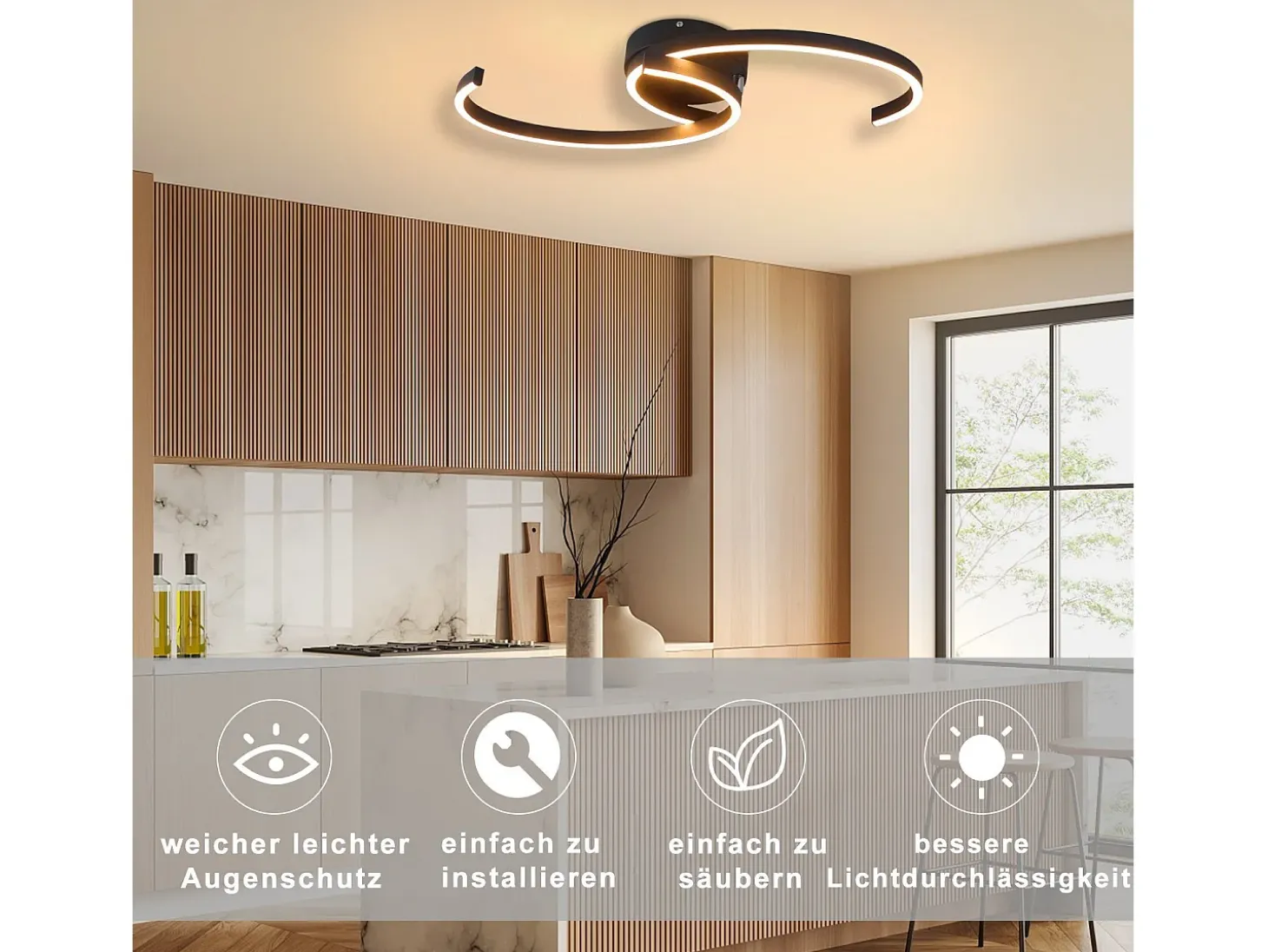 NETTLIFE Lámpara de Techo LED Moderna 60 cm Negro 24 W Blanco Cálido Lámpara de Salón para Dormitorio Cocina Pasillo Comedor