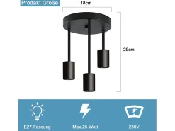 NETTLIFE Lámpara de techo negra vintage - Foco de techo suspendido E27 de 3 luces con 3 puntos