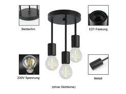 NETTLIFE Lámpara de techo negra vintage - Foco de techo suspendido E27 de 3 luces con 3 puntos