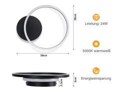 NETTLIFE Lámpara de techo LED para sala de estar, 24 W, color negro, moderna, 2 anillos, 3000 K, blanco cálido