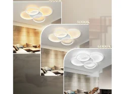 NETTLIFE Lámpara de techo LED para sala de estar regulable de 70 W con control remoto, 5 anillos, acrílico moderno blanco regulable