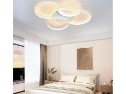 NETTLIFE Lámpara de techo LED para sala de estar regulable de 70 W con control remoto, 5 anillos, acrílico moderno blanco regulable