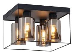 NETTLIFE Lámpara de techo para salón, cristal, 4 bombillas, E27, estilo industrial vintage, metal, negro, retro