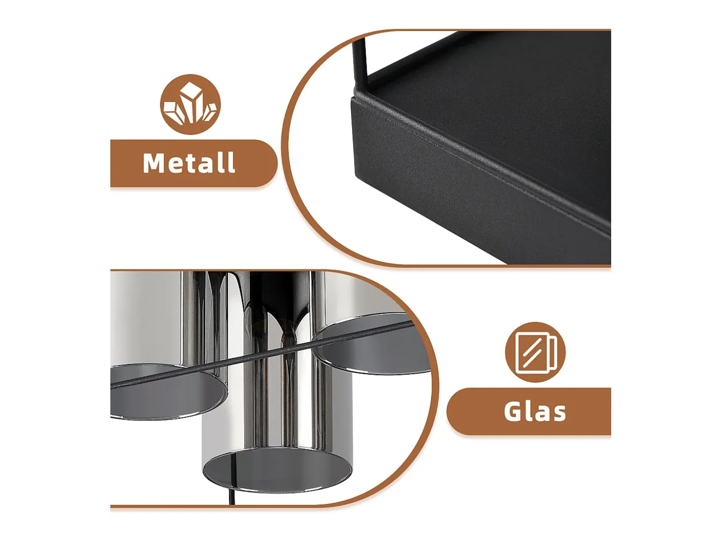 NETTLIFE Lámpara de techo para salón, cristal, 4 bombillas, E27, estilo industrial vintage, metal, negro, retro