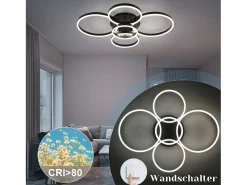 NETTLIFE Lámpara de techo LED para salón regulable, 78 W, 3000-6500 K, 5 anillos de acrílico moderno dorado con mando a distancia