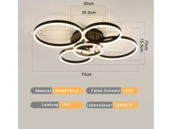 NETTLIFE Lámpara de techo LED para salón regulable, 78 W, 3000-6500 K, 5 anillos de acrílico moderno dorado con mando a distancia