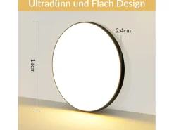 NETTLIFE Lámpara de techo LED plana negra de 18 cm y 15 W, redonda, pequeña, LED blanco cálido integrado permanentemente, 3000 K