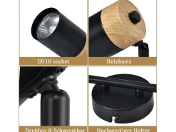 NETTLIFE Lámpara de techo 2 focos de madera negra GU10 LED orientable 330° para pasillo garaje salón cocina sin bombilla