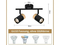 NETTLIFE Lámpara de techo 2 focos de madera negra GU10 LED orientable 330° para pasillo garaje salón cocina sin bombilla