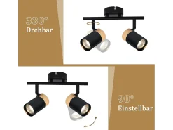 NETTLIFE Lámpara de techo 2 focos de madera negra GU10 LED orientable 330° para pasillo garaje salón cocina sin bombilla