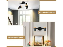 NETTLIFE Lámpara de techo 2 focos de madera negra GU10 LED orientable 330° para pasillo garaje salón cocina sin bombilla