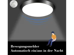 NETTLIFE Lámpara de Techo LED con Sensor de Movimiento Interior Negro IP44 15W Lámpara de Sótano Redonda con Sensor de Movimiento Ø 30cm 4000K