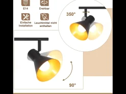 NETTLIFE Lámpara de Techo de Cocina Negra de 2 Focos 2 Bombillas E14 Vintage Giratoria 330° Industrial Retro Metal para Entrada de Oficina