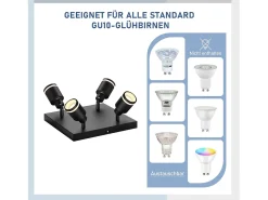 NETTLIFE Lámpara de techo LED con 4 focos, cuadrada, negra, montaje en pared ajustable, GU10, interior, metal, sin bombilla