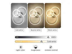 NETTLIFE Lámpara de techo LED negra regulable, 82 cm, con control remoto, 74 W, diseño de 3 anillos en acrílico.