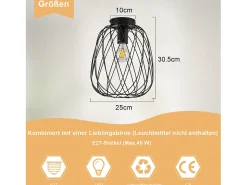 NETTLIFE Lámpara de techo negra vintage industrial retro para pasillo E27, 1 bombilla, redonda, de metal