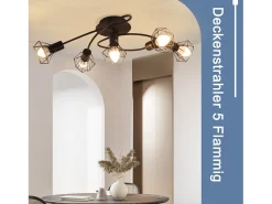 NETTLIFE Lámpara de techo LED E14 negra, 5 bombillas, industrial, ajustable, 350°, retro, vintage, foco