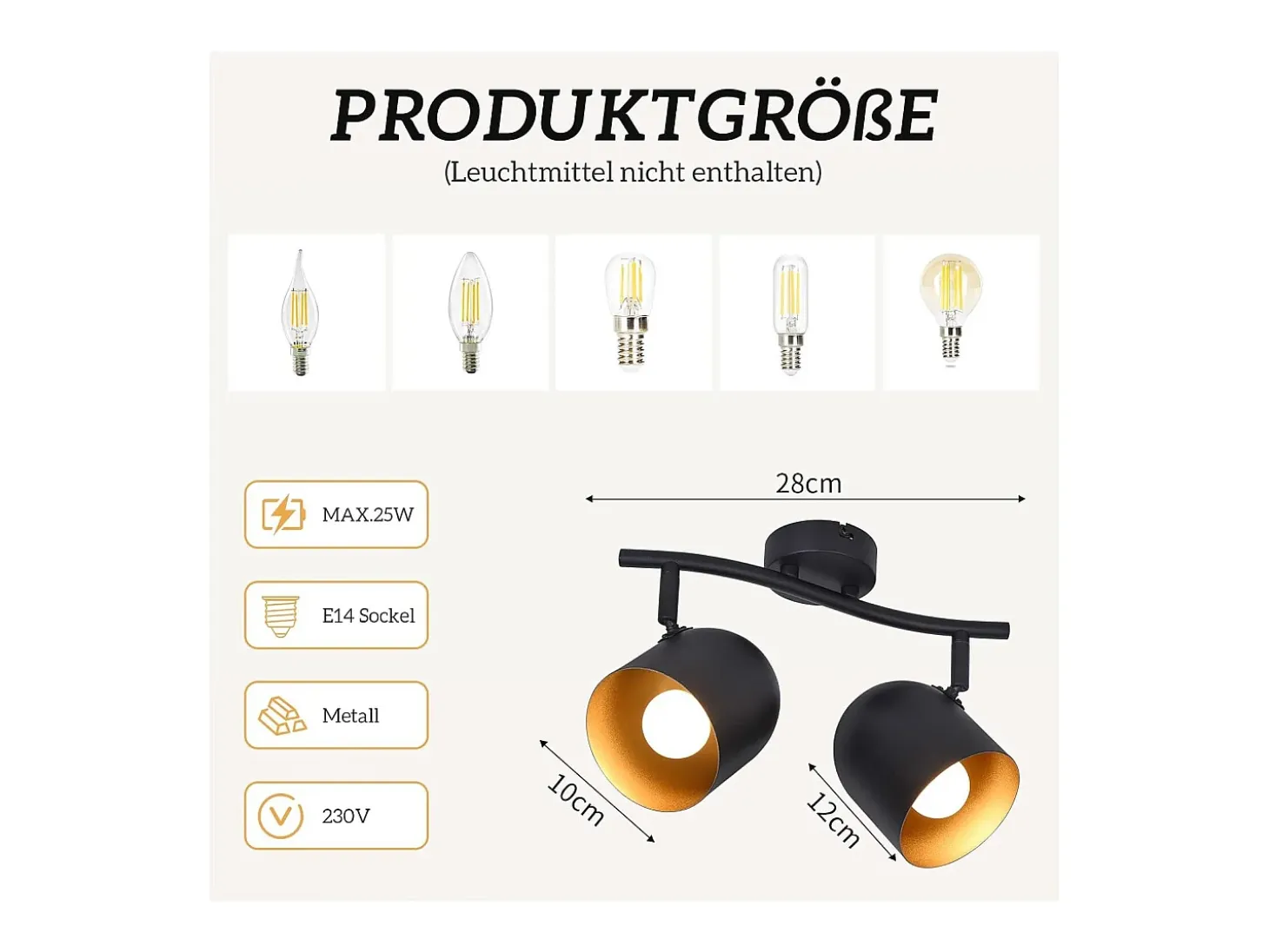 NETTLIFE Lámpara de techo E14 negro dorado vintage foco de techo orientable sin bombilla 350° orientable