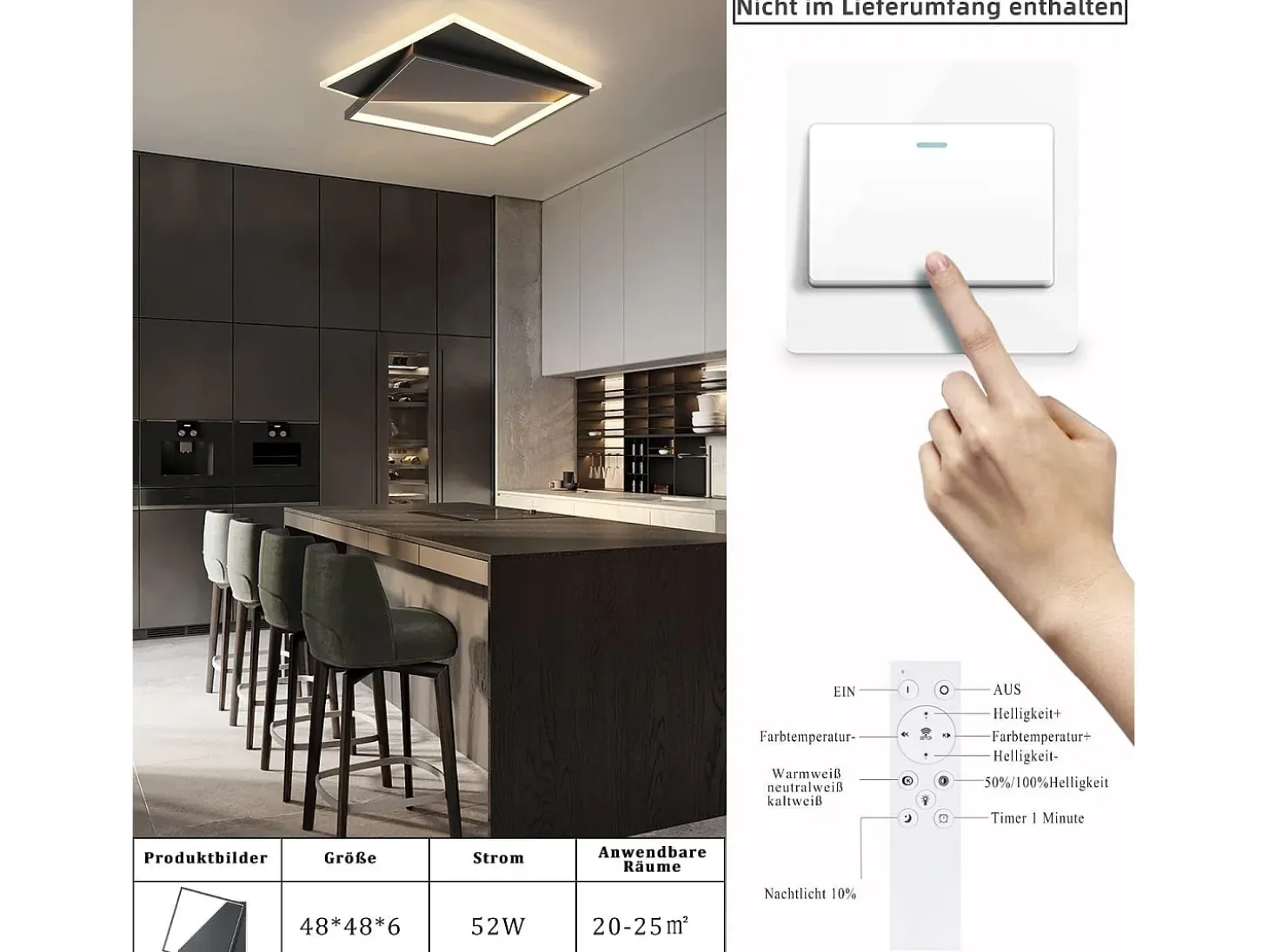 NETTLIFE Lámpara de Techo LED de Diseño Moderno 53W Negro Regulable con Control Remoto Sala de Estar para Dormitorio Cocina Pasillo Oficina