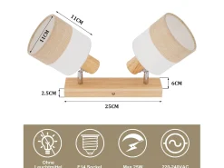 NETTLIFE Lámpara de techo LED 2 focos Lámpara de techo Lámpara de pasillo Madera E14 Vintage Ajustable 350°