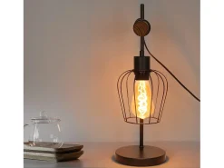 NETTLIFE Lámpara mesa retro, Noche vintage, 1 llama, Metal y madera, Negro, Casquillo E27, Interruptor incl., Bombillas no incl.