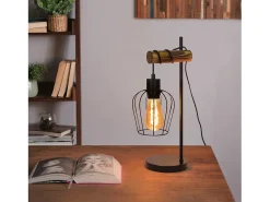 NETTLIFE Lámpara mesa retro, Noche vintage, 1 llama, Metal y madera, Negro, Casquillo E27, Interruptor incl., Bombillas no incl.