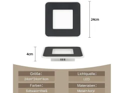 NETTLIFE Luz de techo LED 23W negro 24cm lámpara de cocina blanca cálida diseño moderno lámpara cuadrada de dormitorio pasillo para sala de estar