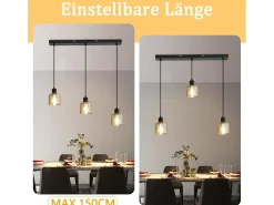 NETTLIFE Mesa suspension para comer, lámpara colgante vintage, 3 bombillas colgantes E27, metal negro, retro industrial.