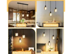 NETTLIFE Mesa suspension para comer, lámpara colgante vintage, 3 bombillas colgantes E27, metal negro, retro industrial.