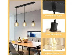 NETTLIFE Mesa suspension para comer, lámpara colgante vintage, 3 bombillas colgantes E27, metal negro, retro industrial.