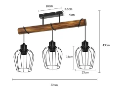 NETTLIFE Plafón 3 focos metal y madera negra Lámpara de salón vintage E27 en madera flameada de diseño industrial regulable en altura sin bombilla