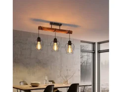 NETTLIFE Plafón 3 focos metal y madera negra Lámpara de salón vintage E27 en madera flameada de diseño industrial regulable en altura sin bombilla
