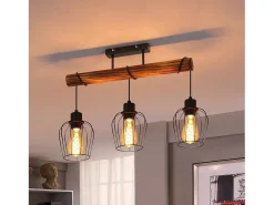 NETTLIFE Plafón 3 focos metal y madera negra Lámpara de salón vintage E27 en madera flameada de diseño industrial regulable en altura sin bombilla