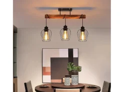 NETTLIFE Plafón 3 focos metal y madera negra Lámpara de salón vintage E27 en madera flameada de diseño industrial regulable en altura sin bombilla