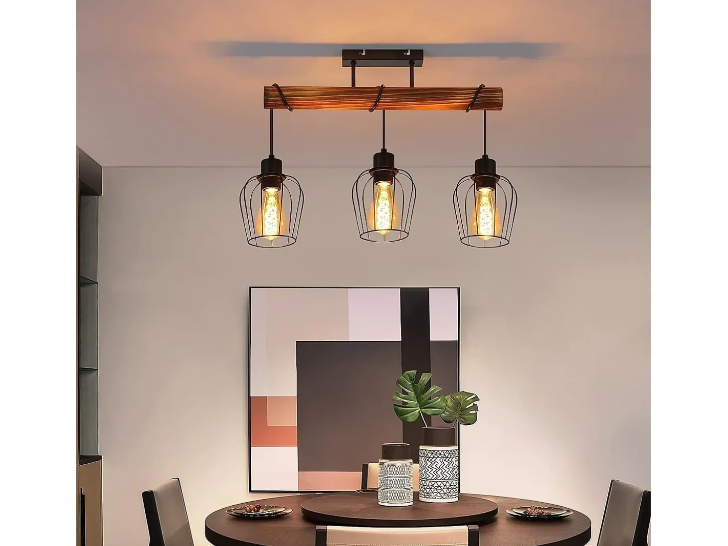 NETTLIFE Plafón 3 focos metal y madera negra Lámpara de salón vintage E27 en madera flameada de diseño industrial regulable en altura sin bombilla