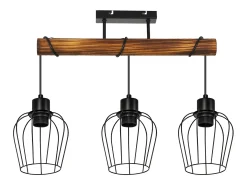NETTLIFE Plafón 3 focos metal y madera negra Lámpara de salón vintage E27 en madera flameada de diseño industrial regulable en altura sin bombilla