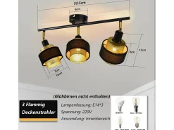 NETTLIFE Plafón de 3 focos E14 negro vintage con llama retro dormitorio en metal dorado ajustable industrial para cocina