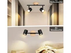 NETTLIFE Plafón LED de 2 llama - Plafón GU10 negro Foco giratorio Aplique de madera Foco de pared para salón dormitorio Sin bombilla