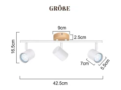 NETTLIFE Plafón LED de 3 llama - Plafón GU10 Blanco Foco giratorio Aplique de madera Foco de pared para salón dormitorio Sin bombilla