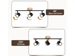 NETTLIFE Plafón LED de 3 llama - Plafón GU10 negro Foco giratorio Aplique de madera Foco de pared para salón dormitorio Sin bombilla