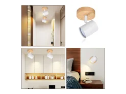 NETTLIFE Plafón LED de 1 llama - Plafón GU10 Blanco Foco giratorio Aplique de madera Foco de pared para salón dormitorio MAX.40W Sin bombilla