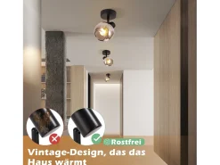 NETTLIFE Plafón para salón, plafón negro, 1 bombilla E14, plafón gris de vidrio retro, plafón vintage.
