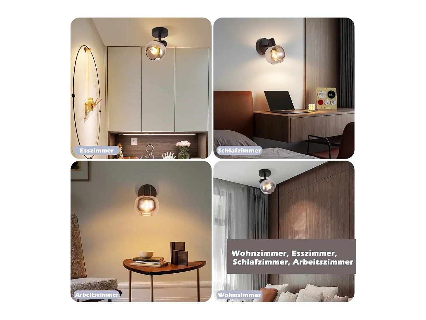 NETTLIFE Plafón para salón, plafón negro, 1 bombilla E14, plafón gris de vidrio retro, plafón vintage.