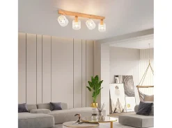 NETTLIFE Plafóndaro de 4 focos, blanco con aspecto de madera - plafóndaro E14 giratorio 350°,máximo 4 bombillas de 25 w, moderno para salón, dormitorio y cocina.
