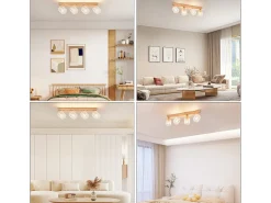 NETTLIFE Plafóndaro de 4 focos, blanco con aspecto de madera - plafóndaro E14 giratorio 350°，máximo 4 bombillas de 25 w, moderno para salón, dormitorio y cocina.
